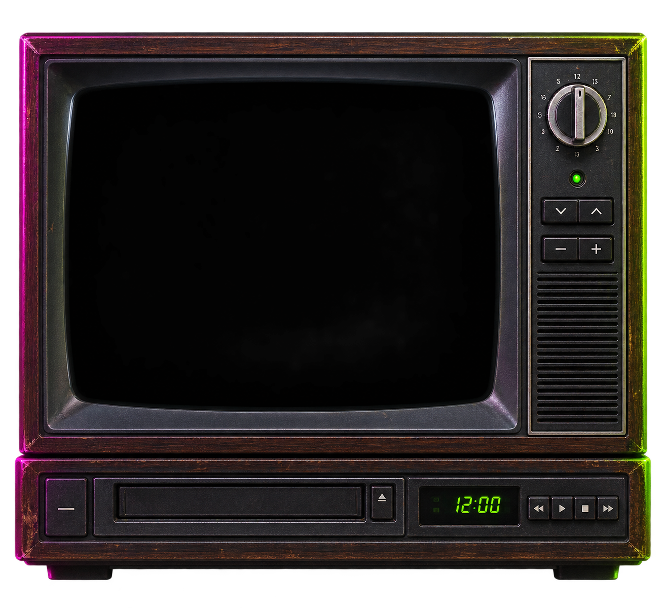 Original woodgrain CRT television and VHS deck artwork
