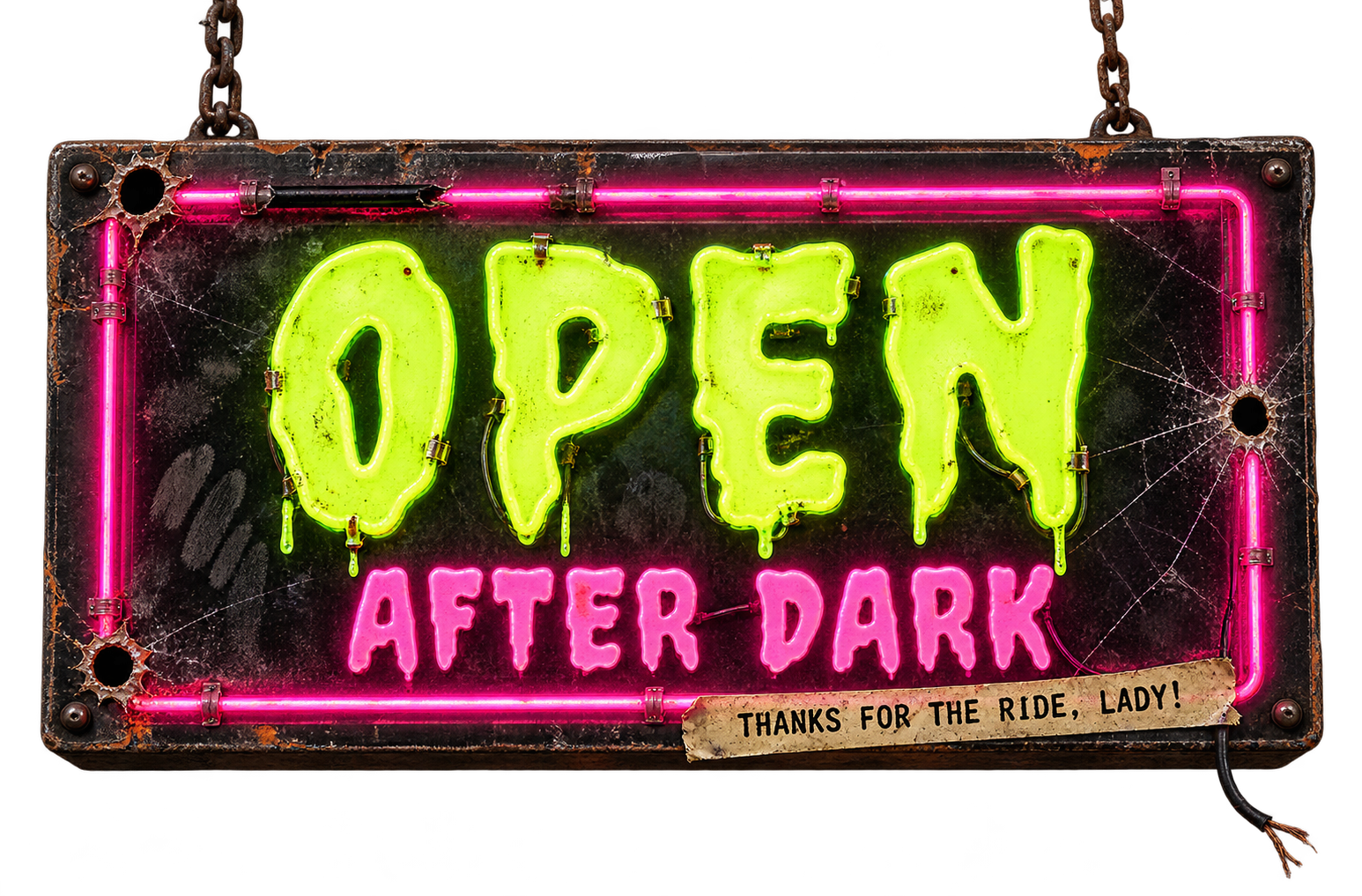 Open after dark — battered neon sign with bullet holes, cracked glass and rusty chains