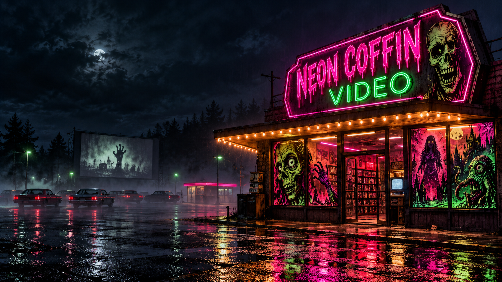 Original neon-lit horror video store and drive-in artwork