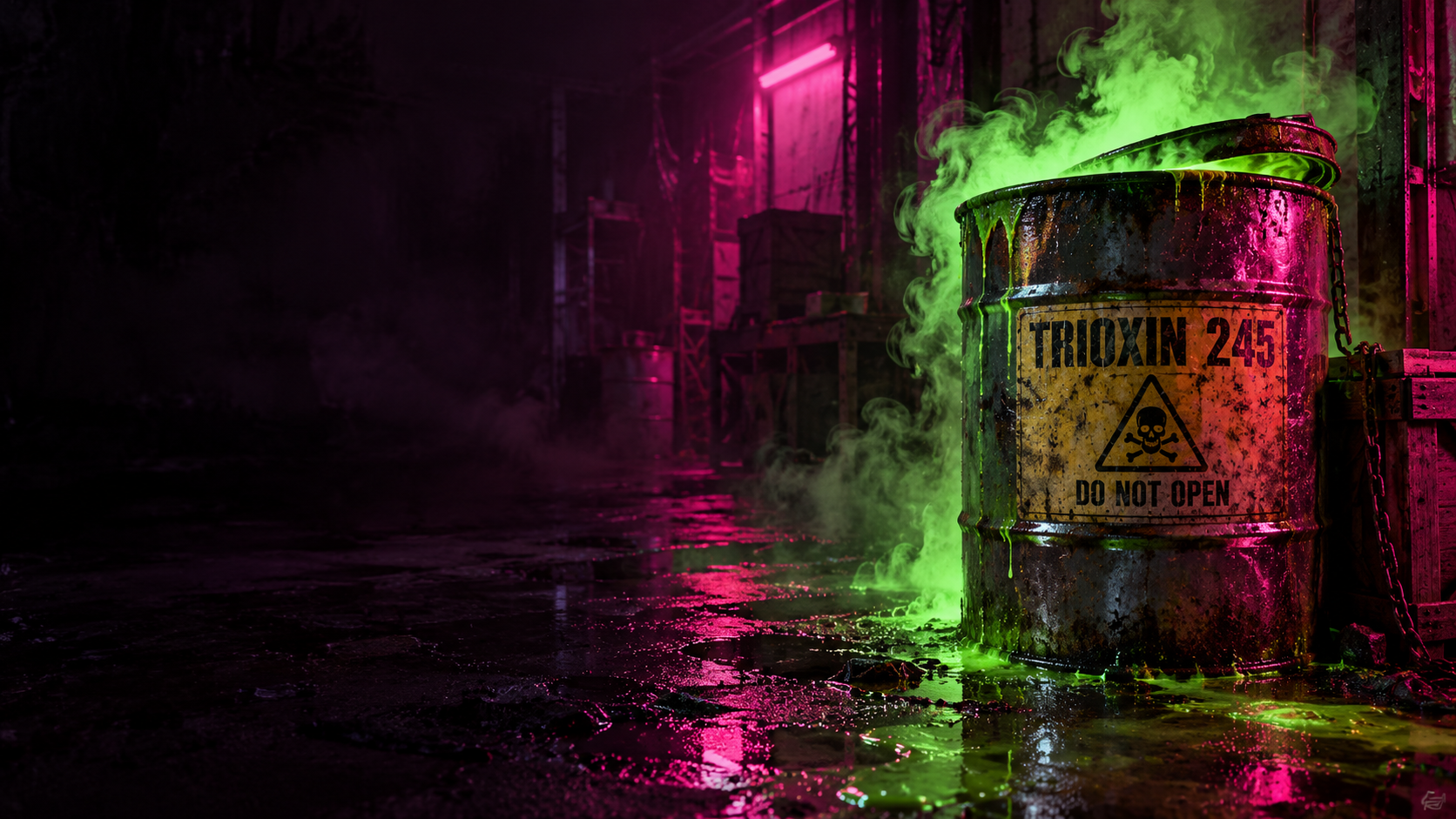 Original illustration of a leaking Trioxin 245 barrel in a neon-lit warehouse
